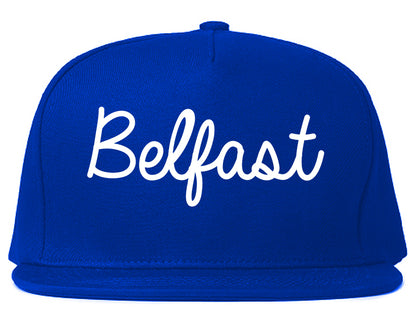 Belfast Maine ME Script Mens Snapback Hat Royal Blue