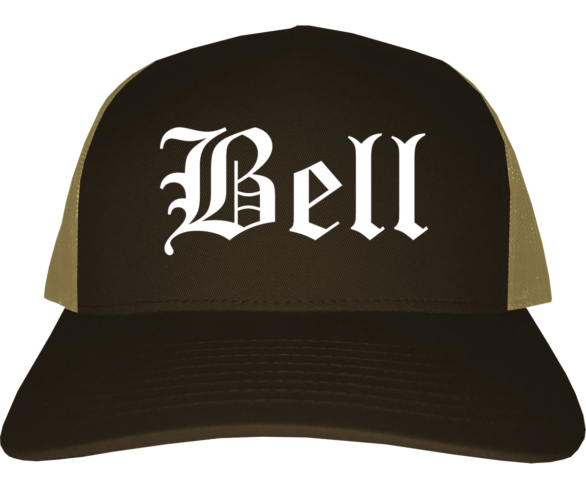 Bell California CA Old English Mens Trucker Hat Cap Brown