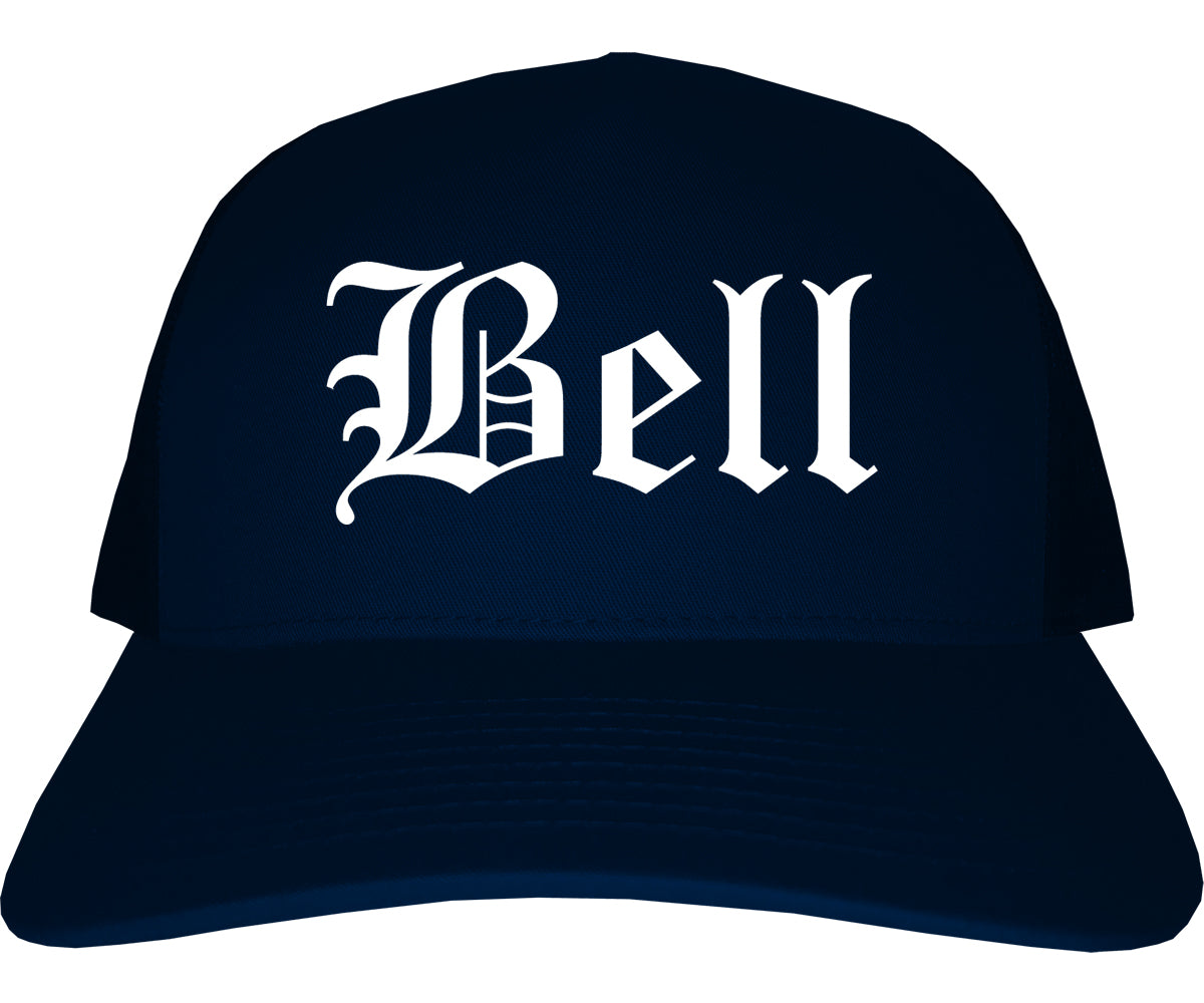 Bell California CA Old English Mens Trucker Hat Cap Navy Blue