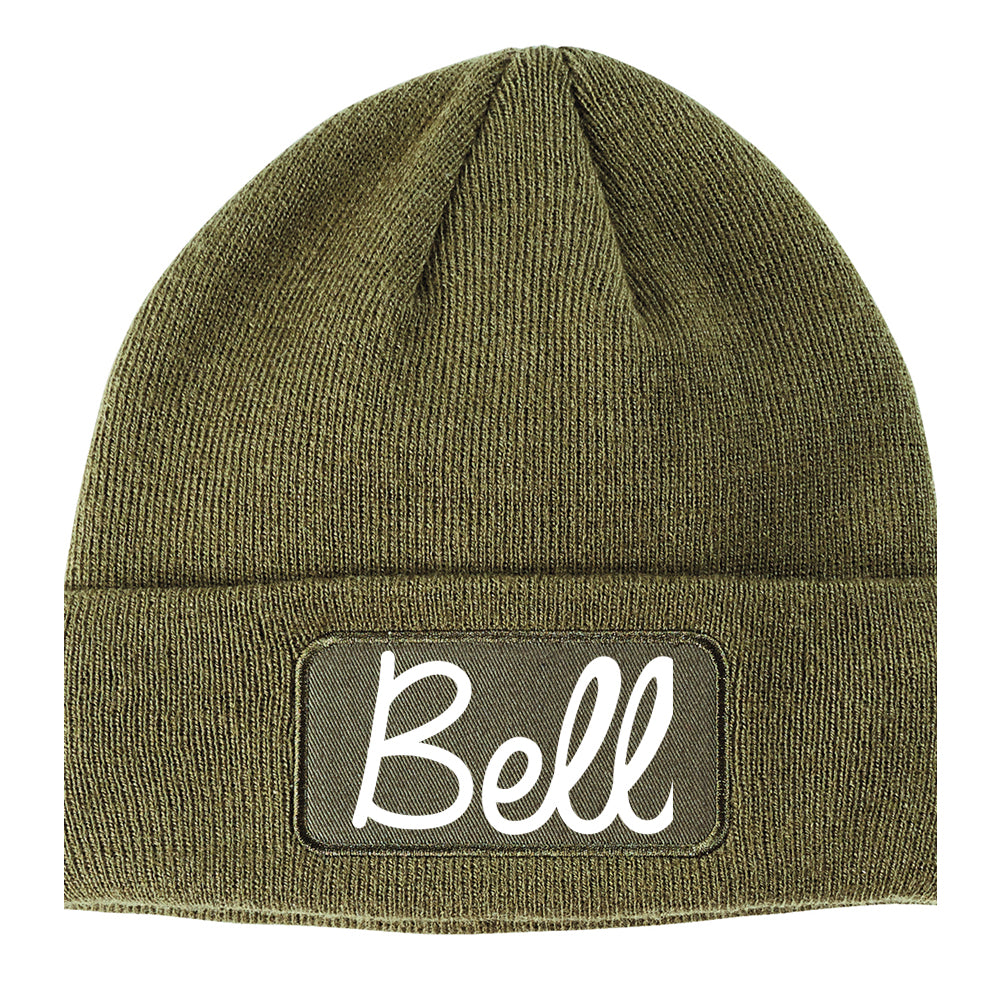 Bell California CA Script Mens Knit Beanie Hat Cap Olive Green