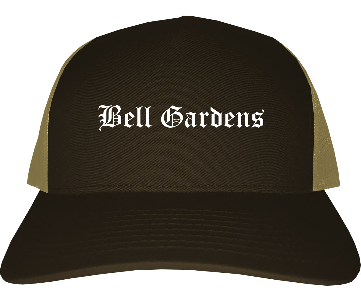 Bell Gardens California CA Old English Mens Trucker Hat Cap Brown