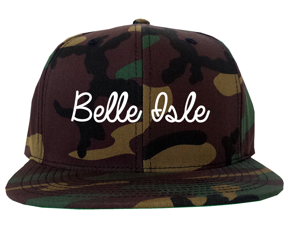 Belle Isle Florida FL Script Mens Snapback Hat Army Camo