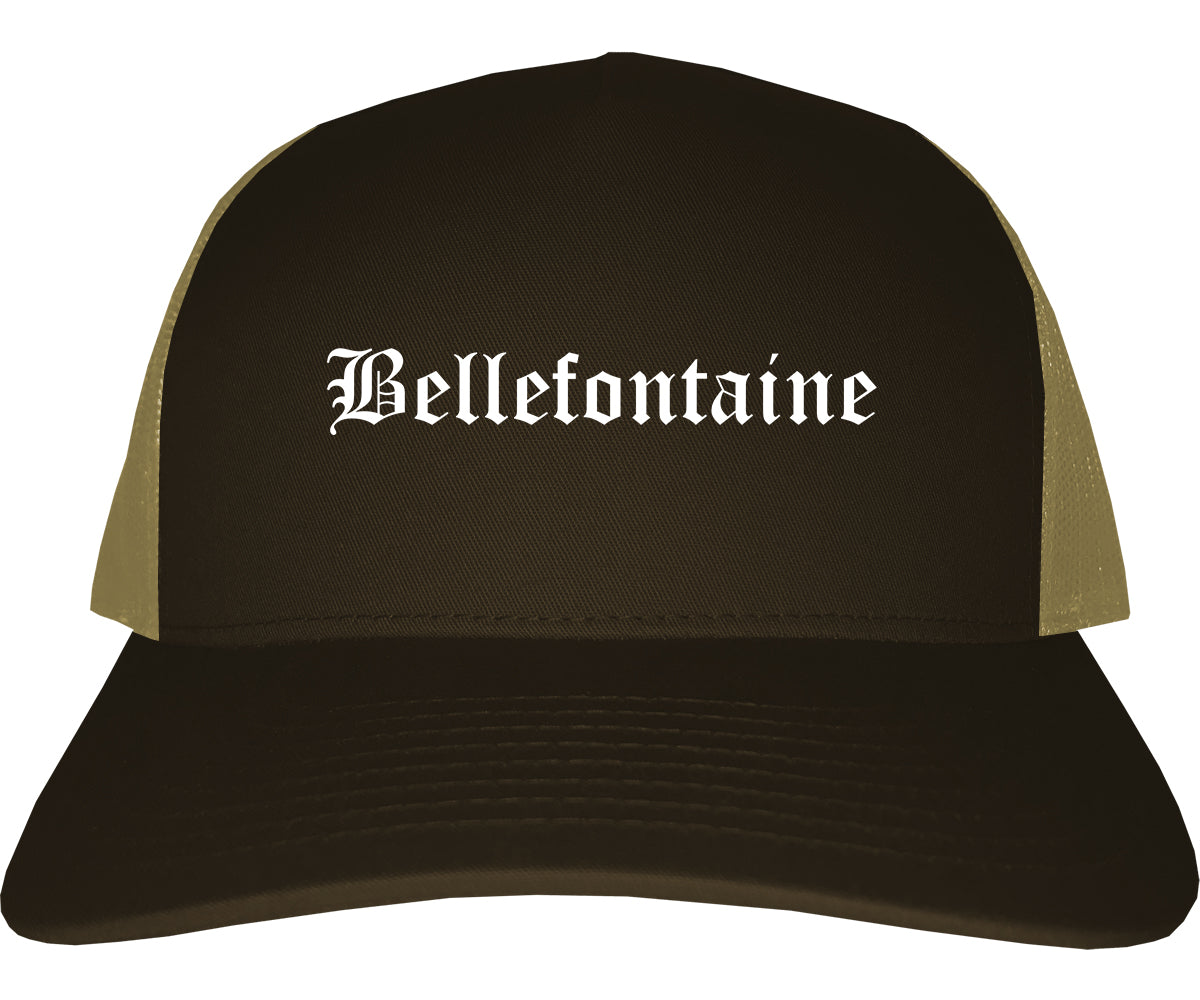 Bellefontaine Ohio OH Old English Mens Trucker Hat Cap Brown