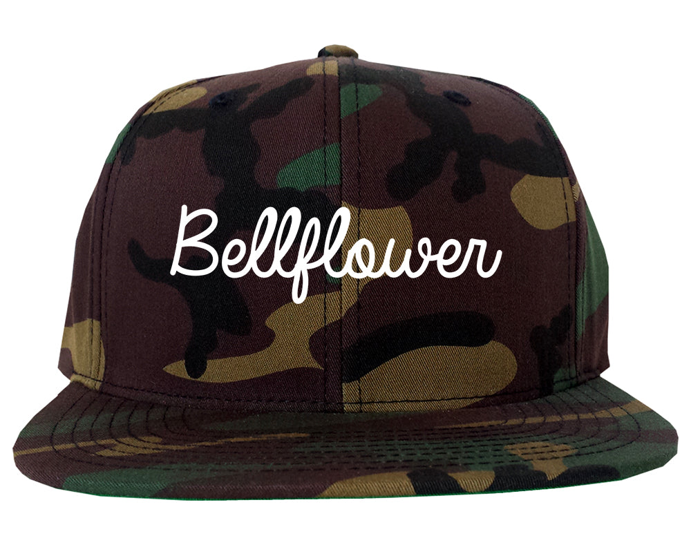 Bellflower California CA Script Mens Snapback Hat Army Camo