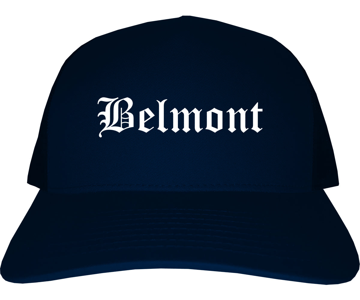 Belmont California CA Old English Mens Trucker Hat Cap Navy Blue