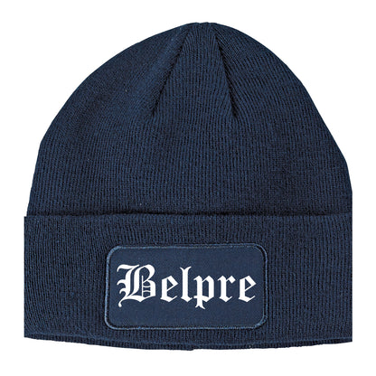 Belpre Ohio OH Old English Mens Knit Beanie Hat Cap Navy Blue
