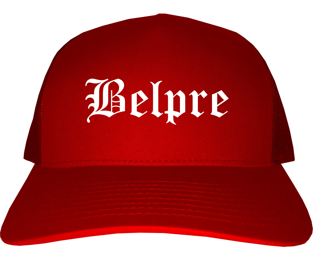 Belpre Ohio OH Old English Mens Trucker Hat Cap Red
