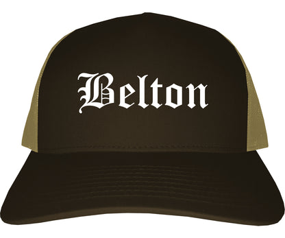 Belton Missouri MO Old English Mens Trucker Hat Cap Brown