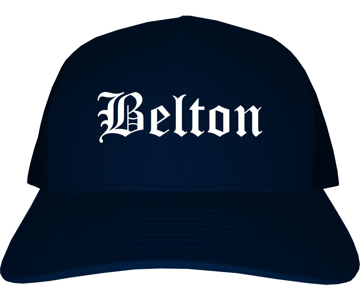 Belton Missouri MO Old English Mens Trucker Hat Cap Navy Blue