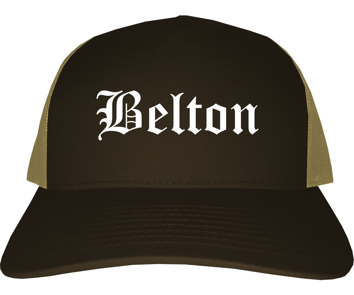 Belton Texas TX Old English Mens Trucker Hat Cap Brown