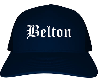 Belton Texas TX Old English Mens Trucker Hat Cap Navy Blue