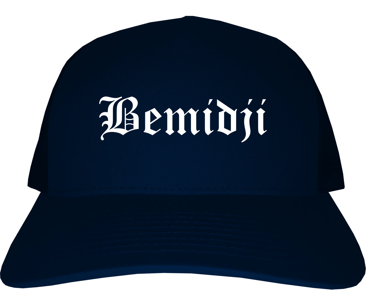 Bemidji Minnesota MN Old English Mens Trucker Hat Cap Navy Blue
