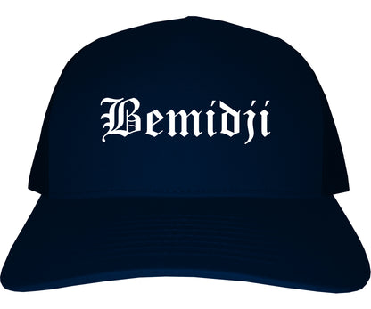 Bemidji Minnesota MN Old English Mens Trucker Hat Cap Navy Blue