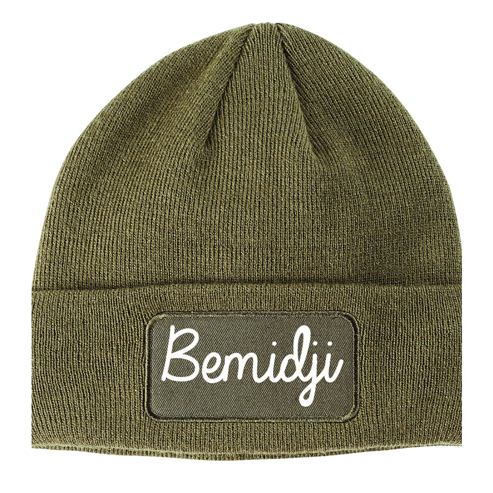 Bemidji Minnesota MN Script Mens Knit Beanie Hat Cap Olive Green