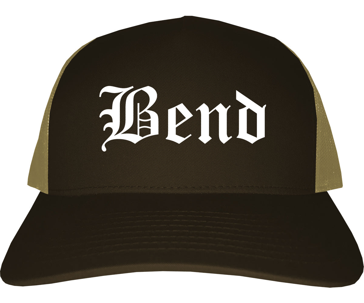 Bend Oregon OR Old English Mens Trucker Hat Cap Brown