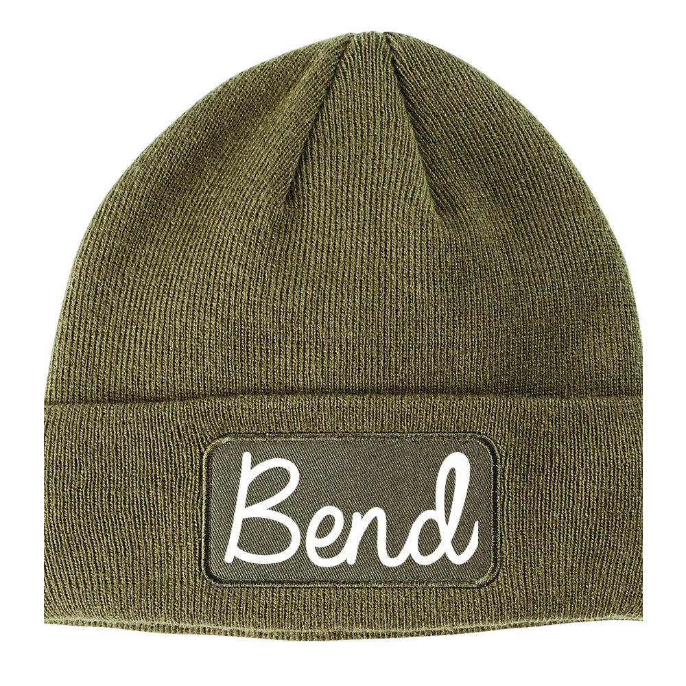 Bend Oregon OR Script Mens Knit Beanie Hat Cap Olive Green