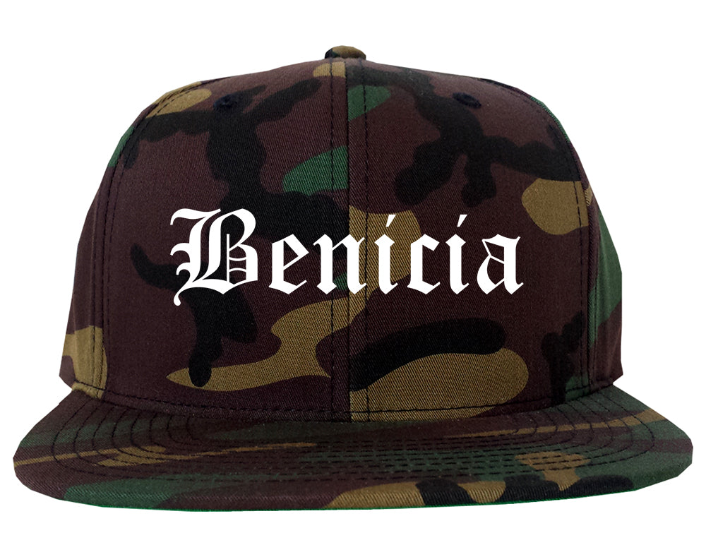 Benicia California CA Old English Mens Snapback Hat Army Camo