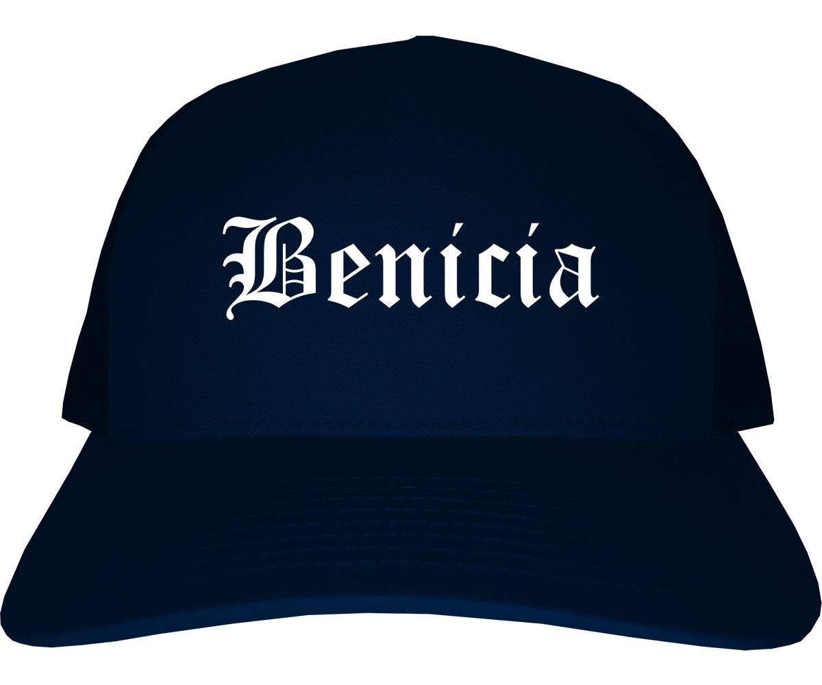 Benicia California CA Old English Mens Trucker Hat Cap Navy Blue