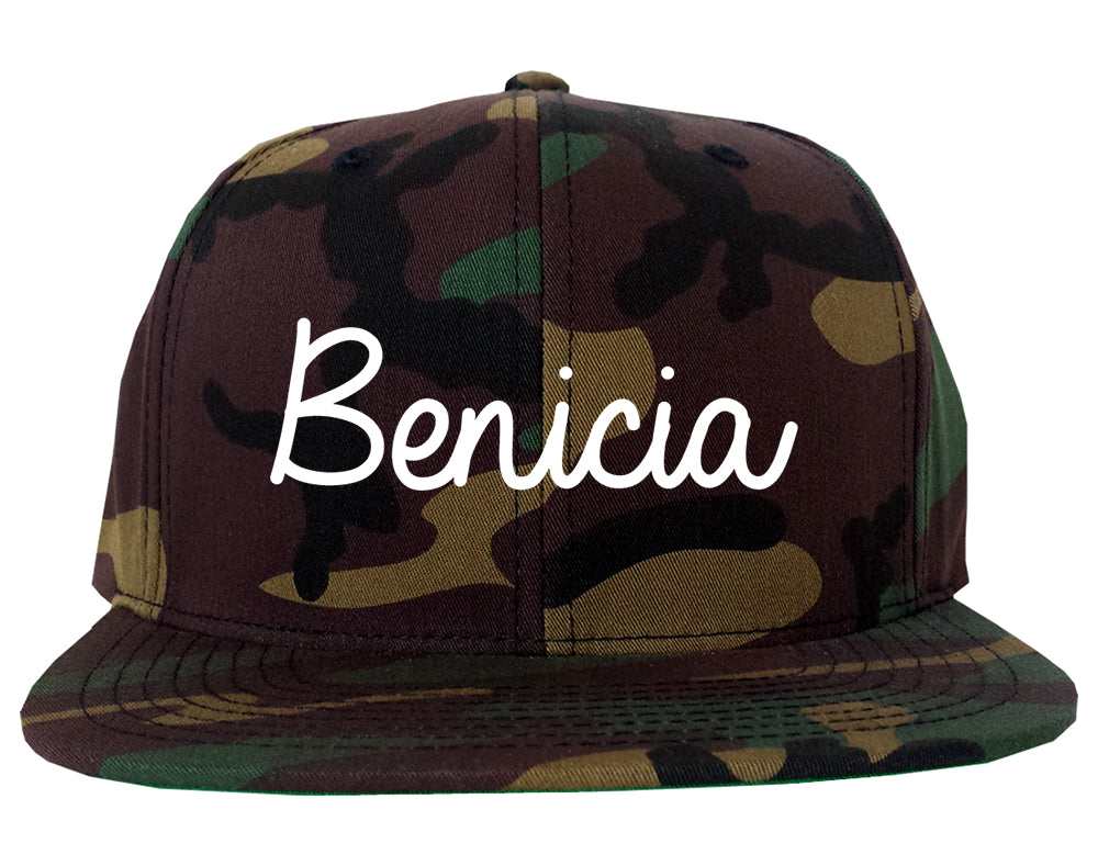 Benicia California CA Script Mens Snapback Hat Army Camo