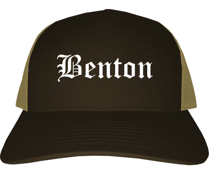 Benton Arkansas AR Old English Mens Trucker Hat Cap Brown