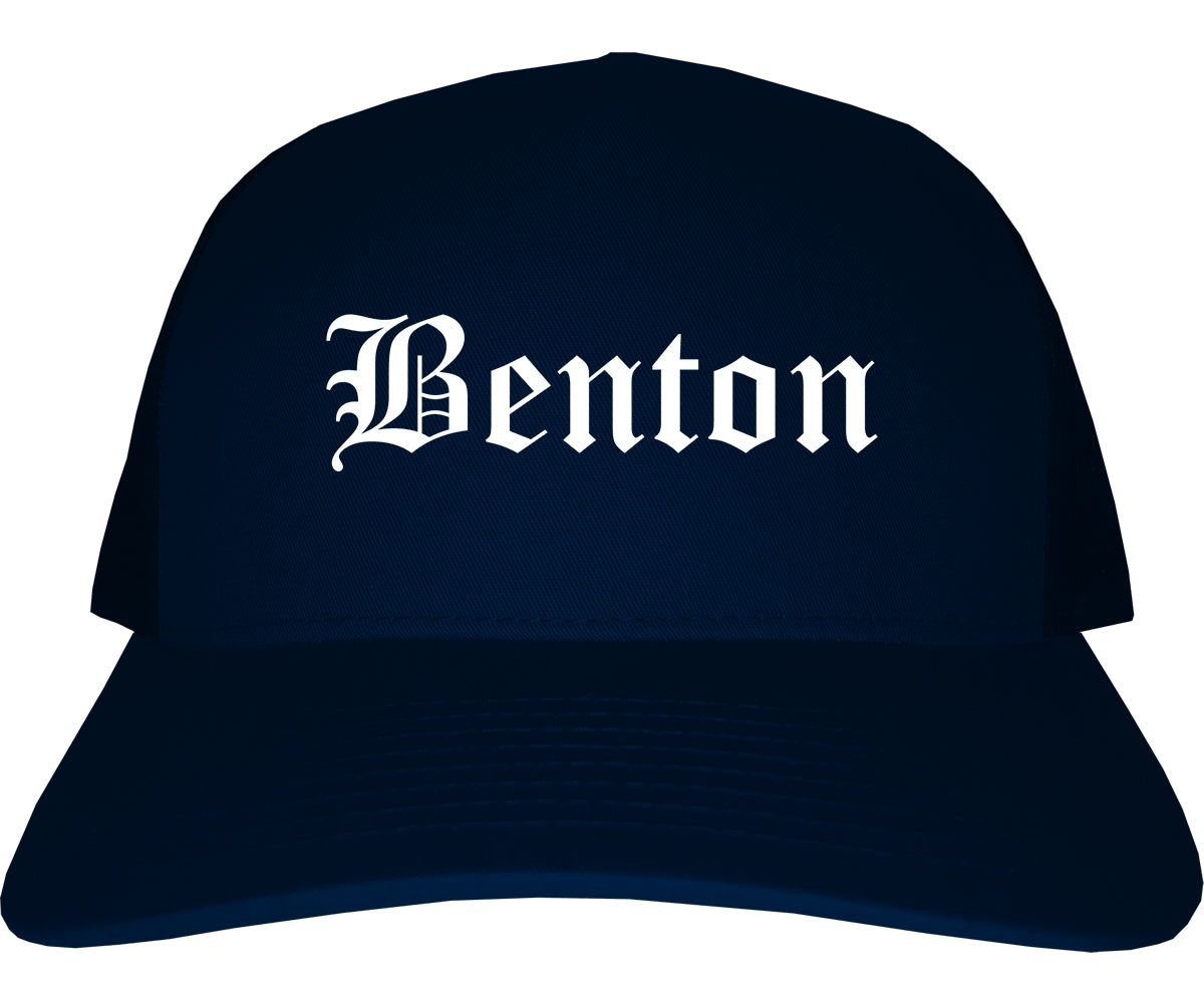 Benton Arkansas AR Old English Mens Trucker Hat Cap Navy Blue