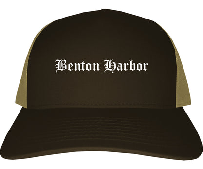 Benton Harbor Michigan MI Old English Mens Trucker Hat Cap Brown