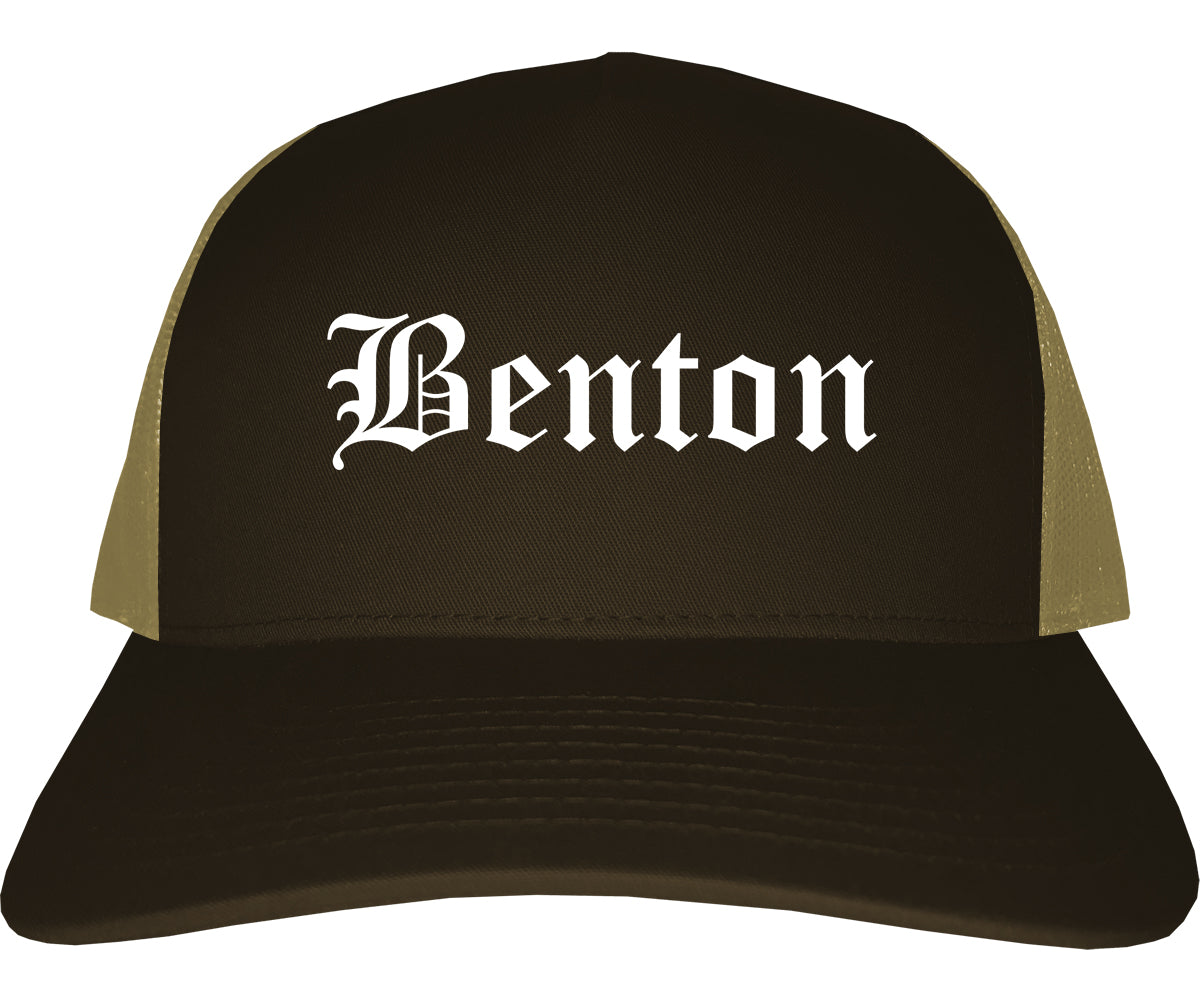 Benton Illinois IL Old English Mens Trucker Hat Cap Brown