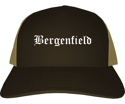 Bergenfield New Jersey NJ Old English Mens Trucker Hat Cap Brown
