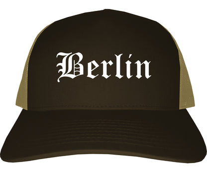 Berlin New Jersey NJ Old English Mens Trucker Hat Cap Brown