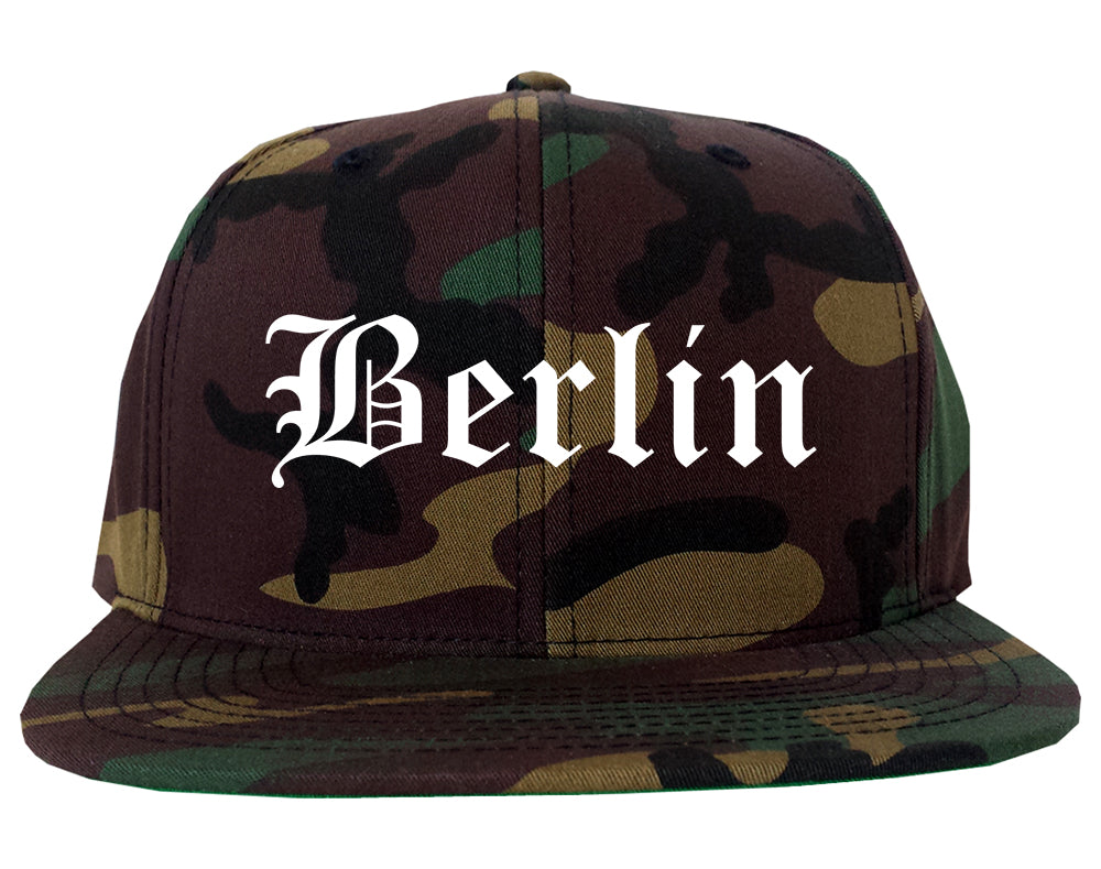 Berlin Wisconsin WI Old English Mens Snapback Hat Army Camo