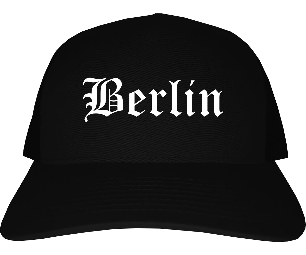 Berlin Wisconsin WI Old English Mens Trucker Hat Cap Black