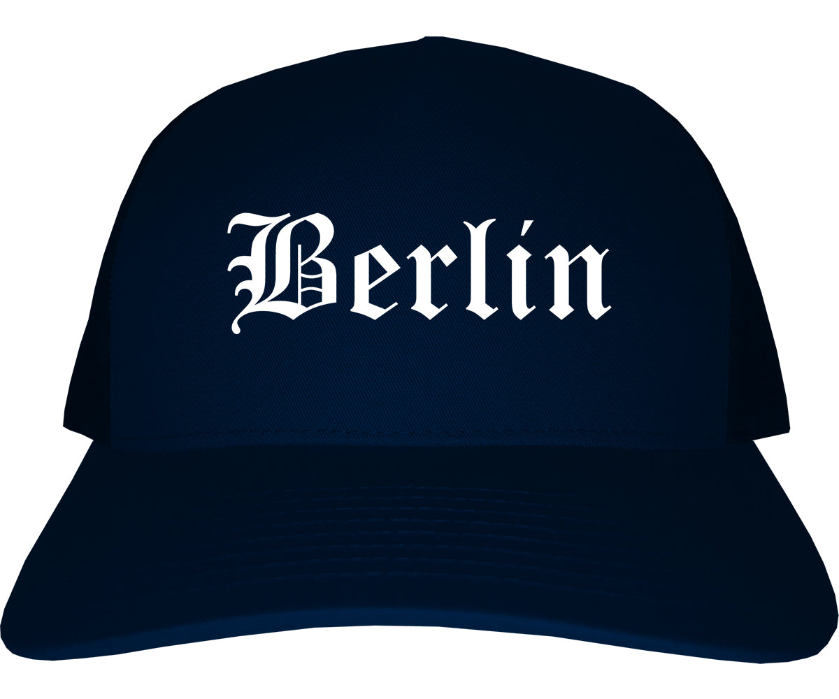 Berlin Wisconsin WI Old English Mens Trucker Hat Cap Navy Blue