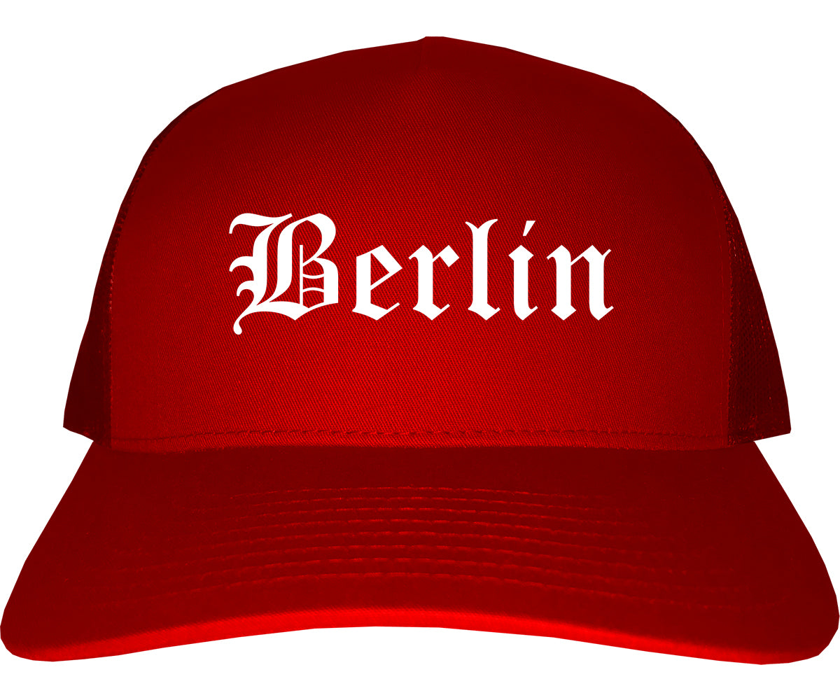 Berlin Wisconsin WI Old English Mens Trucker Hat Cap Red