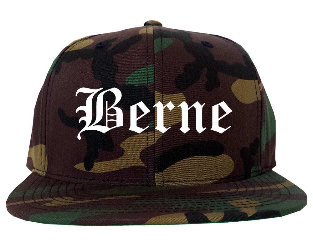 Berne Indiana IN Old English Mens Snapback Hat Army Camo