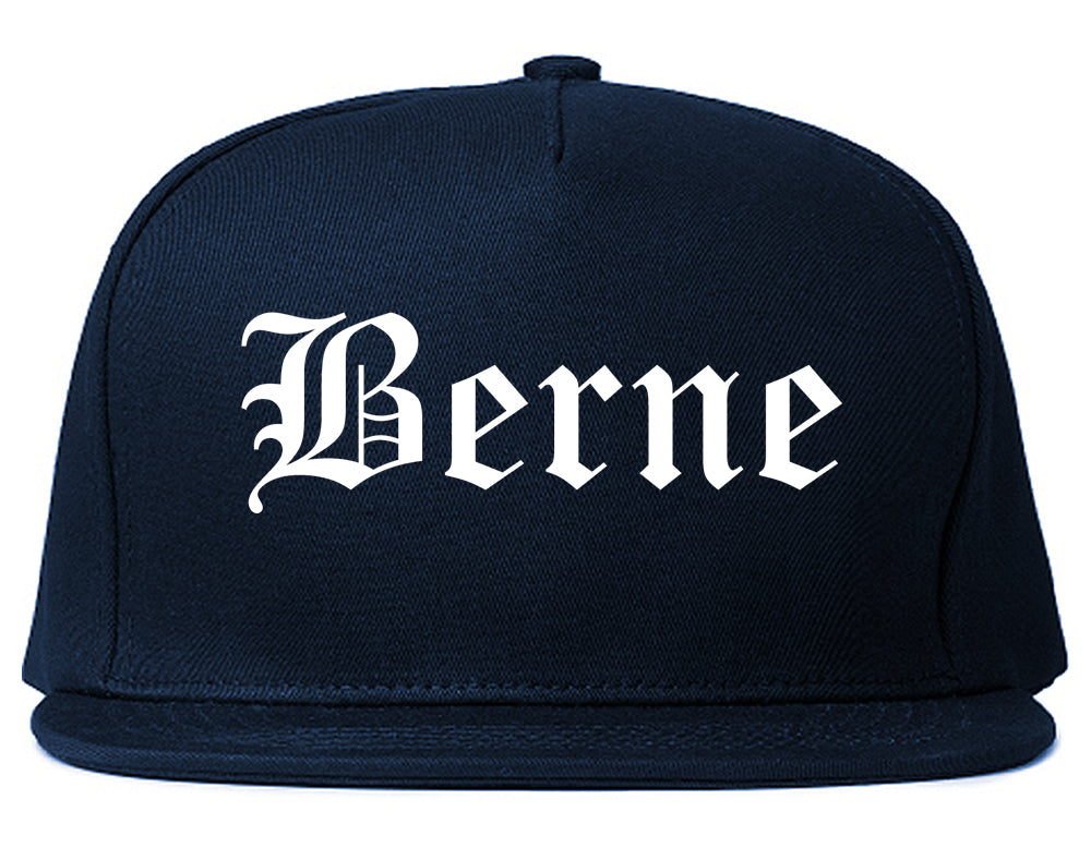 Berne Indiana IN Old English Mens Snapback Hat Navy Blue