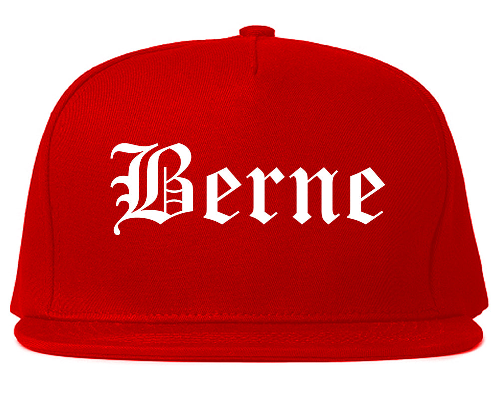 Berne Indiana IN Old English Mens Snapback Hat Red