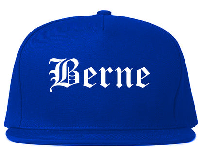 Berne Indiana IN Old English Mens Snapback Hat Royal Blue
