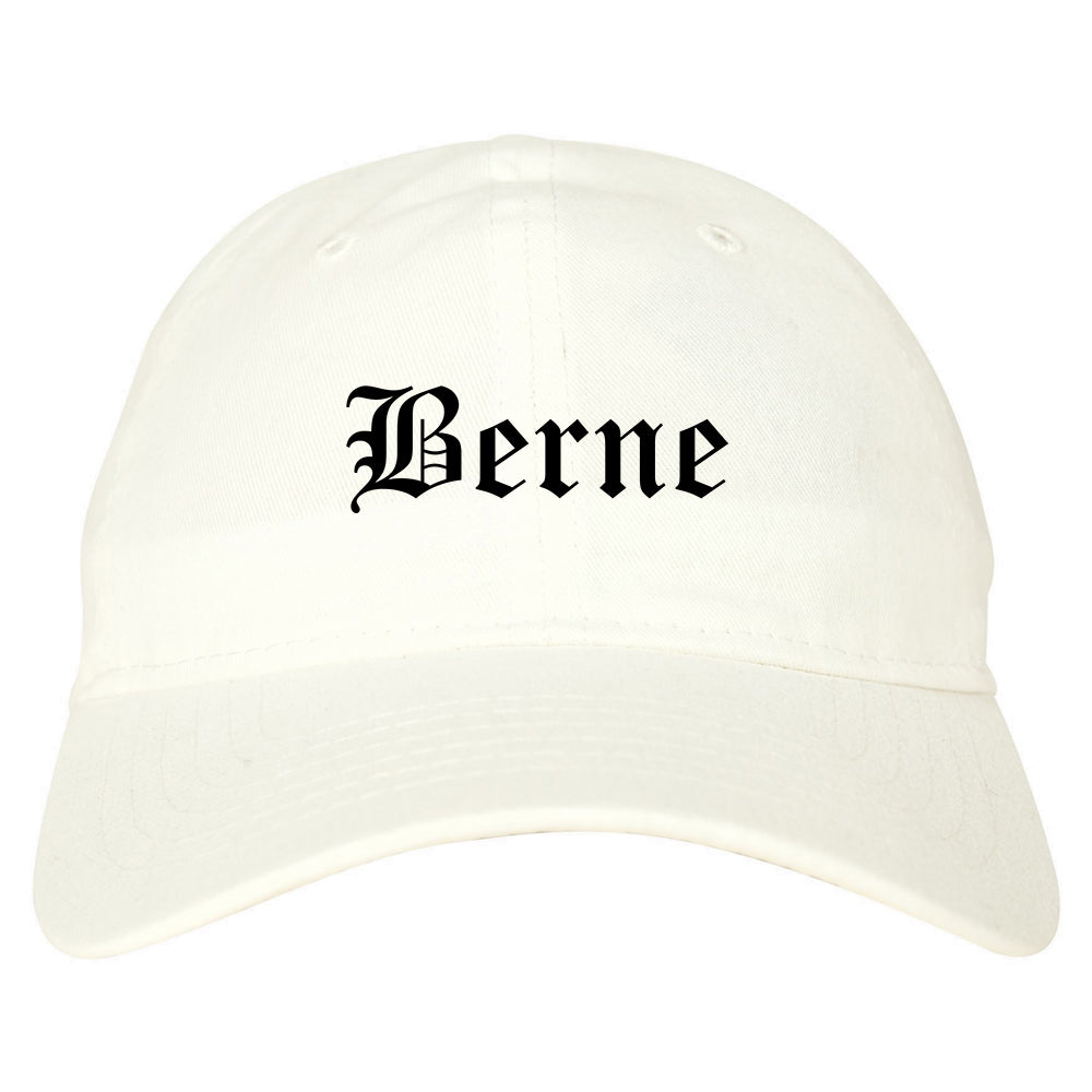 Berne Indiana IN Old English Mens Dad Hat Baseball Cap White