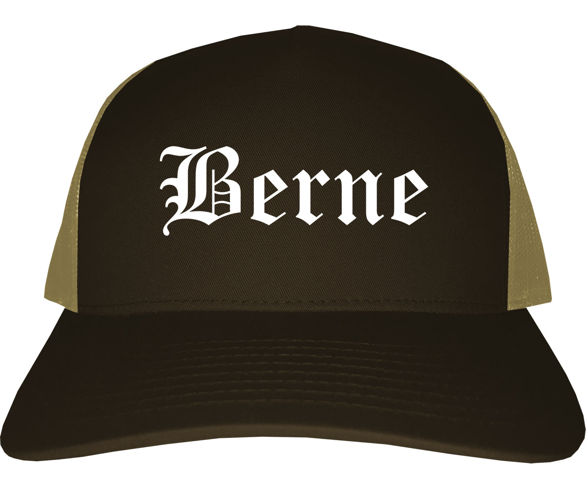 Berne Indiana IN Old English Mens Trucker Hat Cap Brown