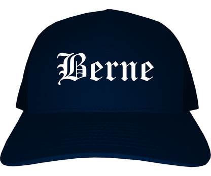 Berne Indiana IN Old English Mens Trucker Hat Cap Navy Blue