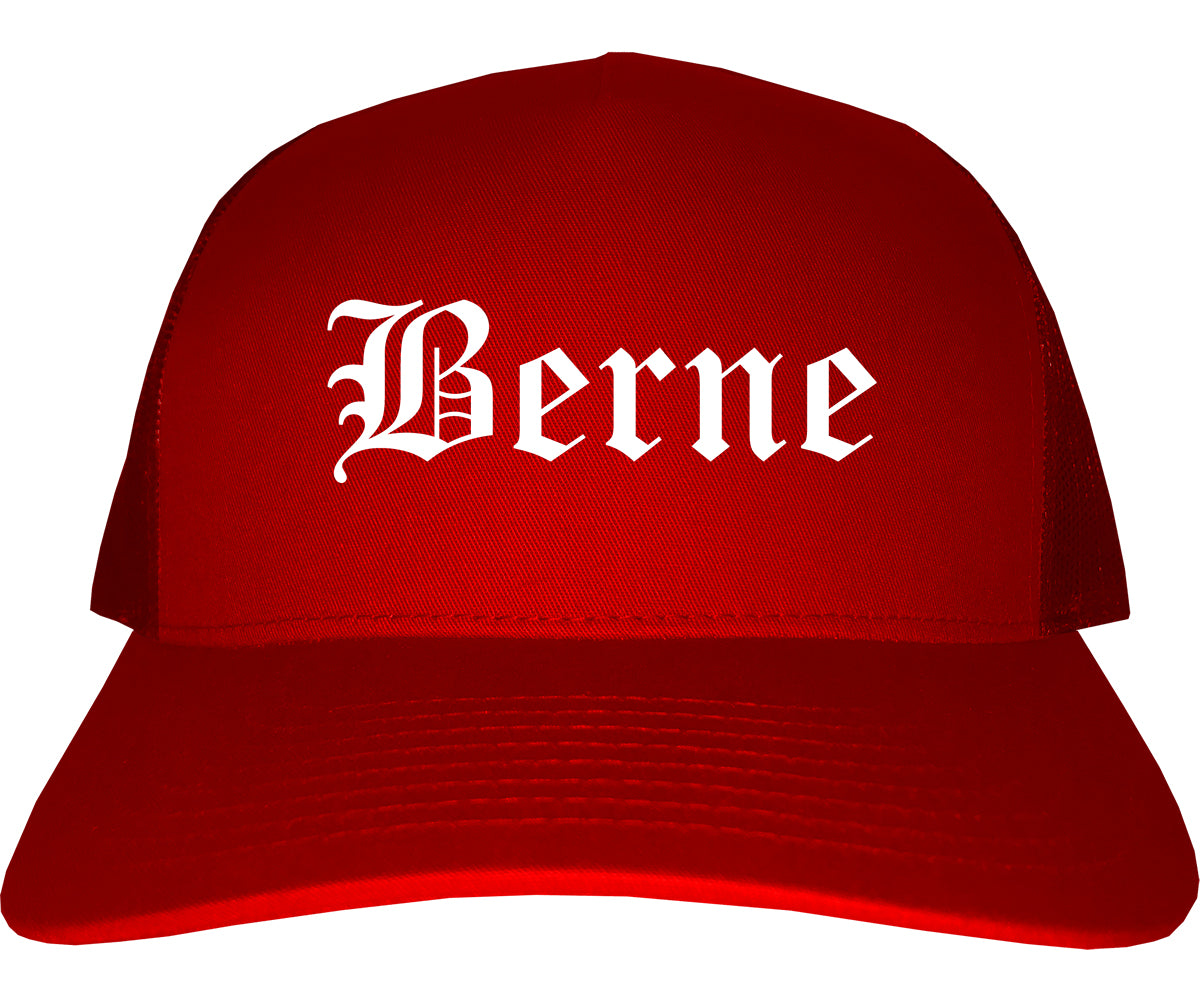 Berne Indiana IN Old English Mens Trucker Hat Cap Red