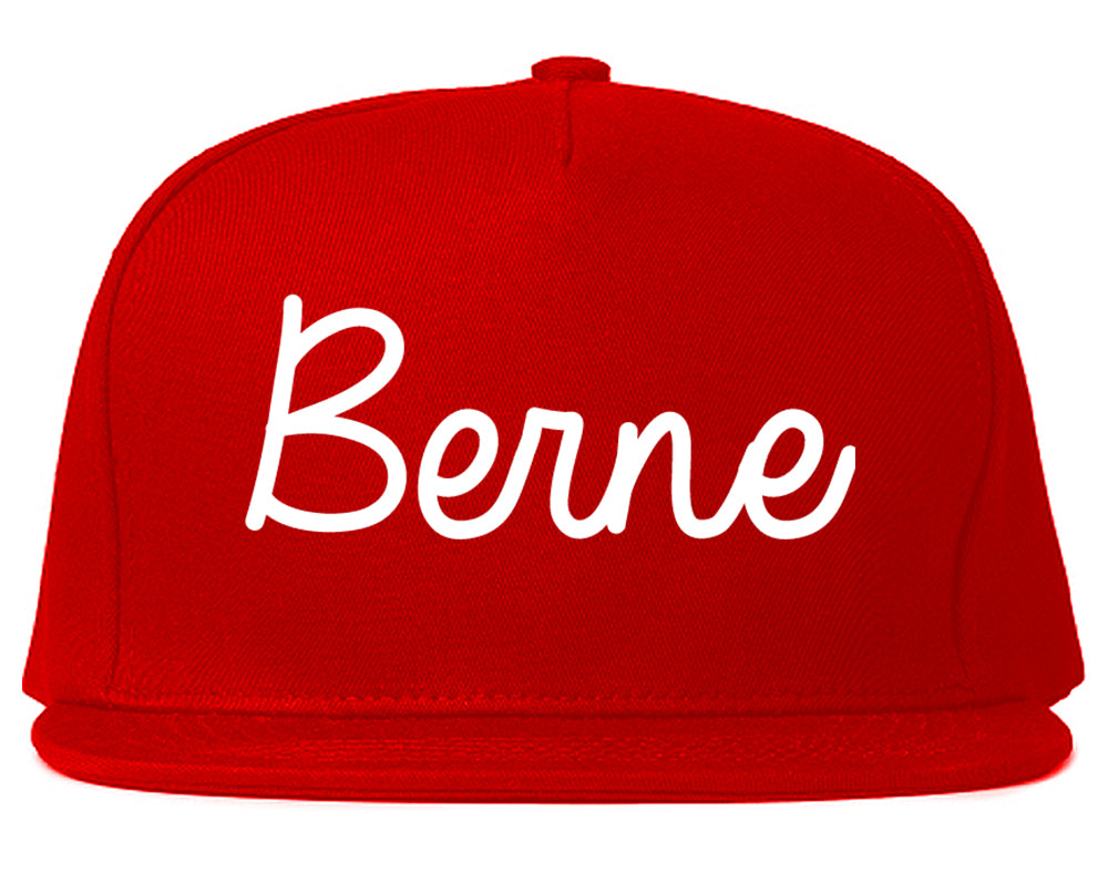 Berne Indiana IN Script Mens Snapback Hat Red