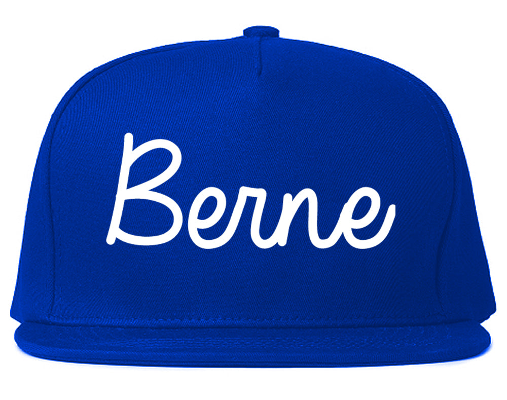 Berne Indiana IN Script Mens Snapback Hat Royal Blue