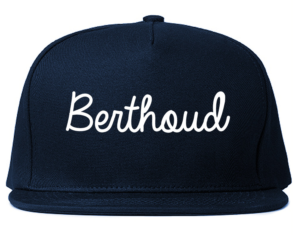 Berthoud Colorado CO Script Mens Snapback Hat Navy Blue