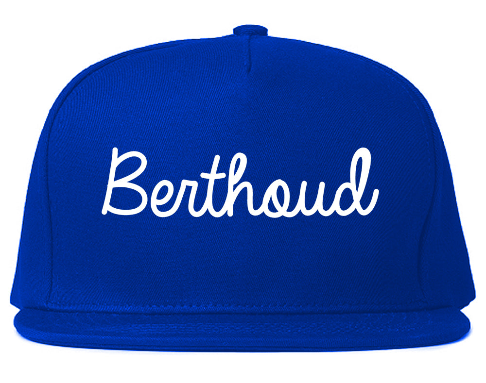 Berthoud Colorado CO Script Mens Snapback Hat Royal Blue