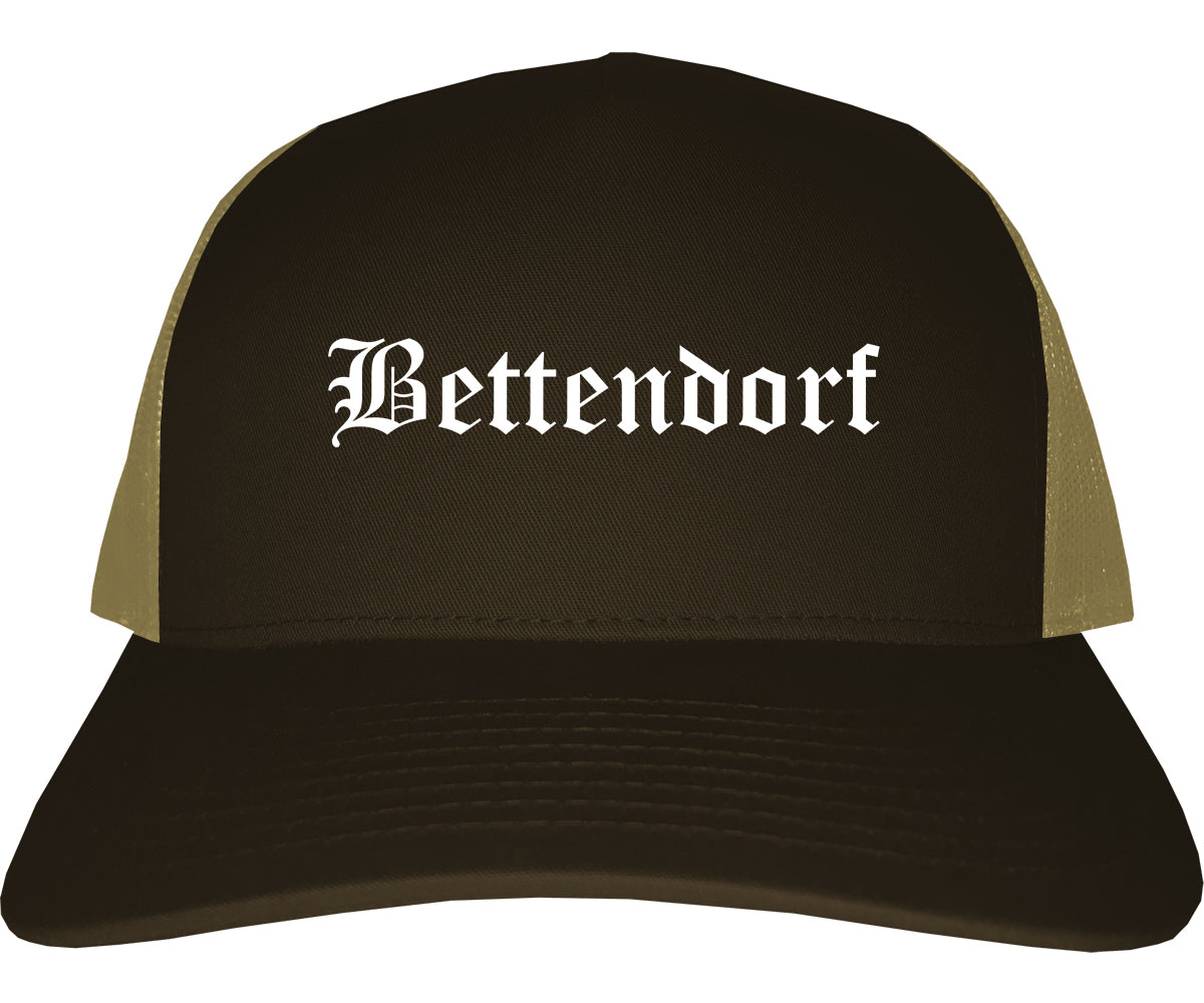 Bettendorf Iowa IA Old English Mens Trucker Hat Cap Brown