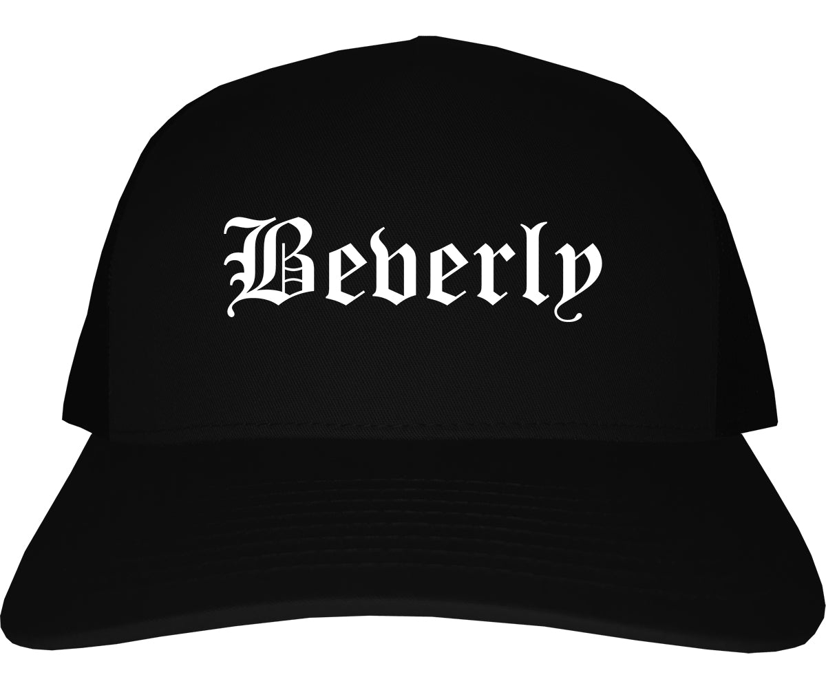 Beverly Massachusetts MA Old English Mens Trucker Hat Cap Black