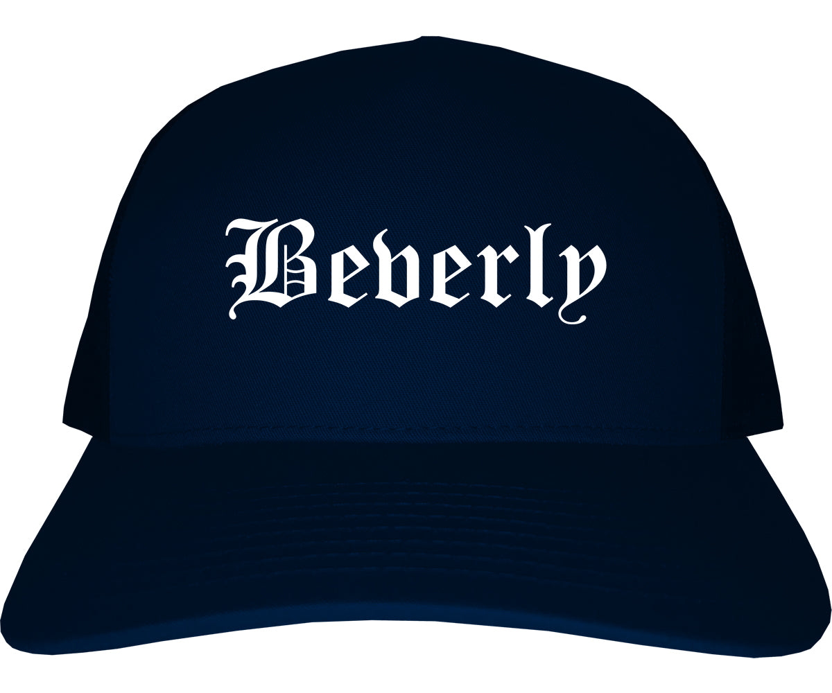 Beverly Massachusetts MA Old English Mens Trucker Hat Cap Navy Blue