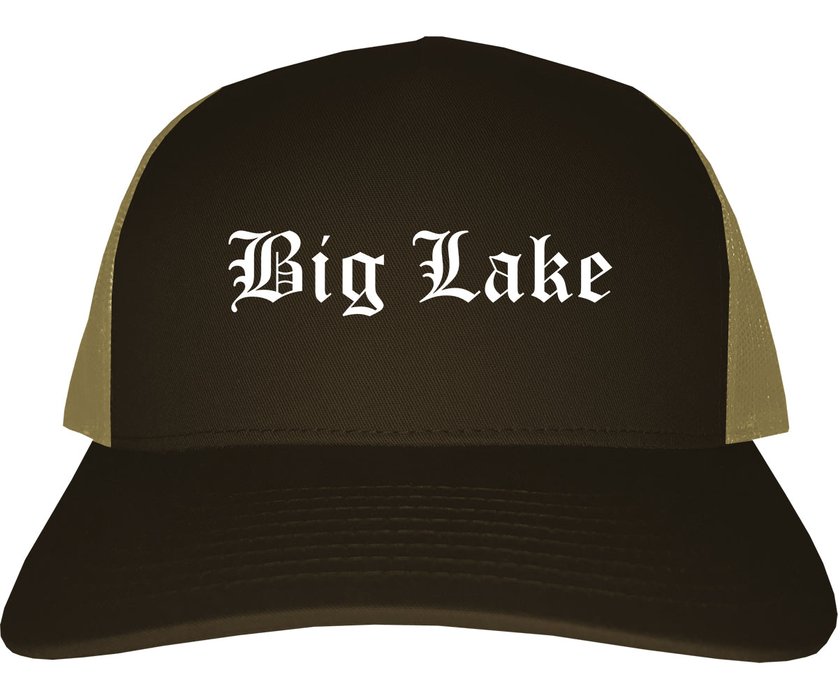 Big Lake Minnesota MN Old English Mens Trucker Hat Cap Brown