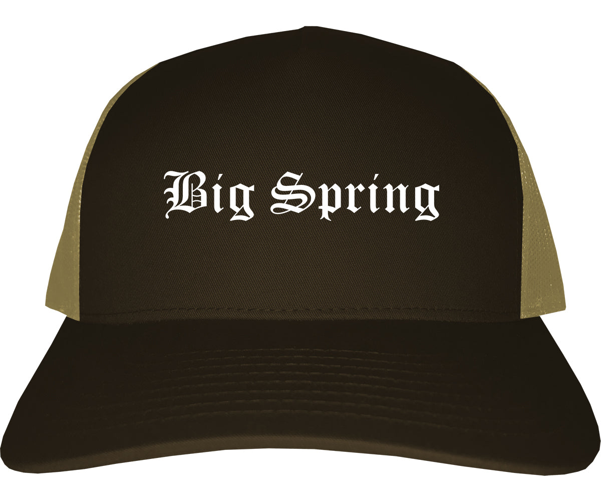 Big Spring Texas TX Old English Mens Trucker Hat Cap Brown